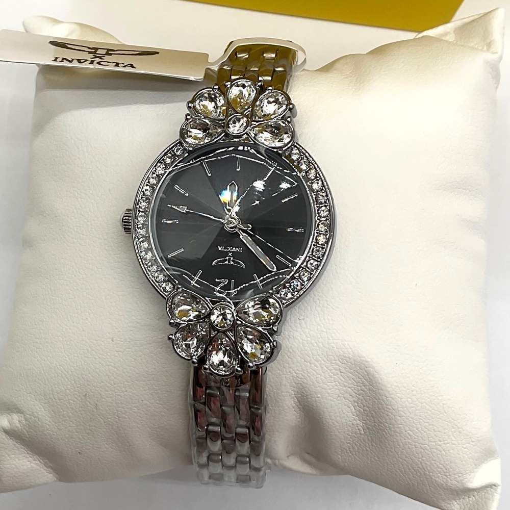 Invicta Wildflower Womens Watch 30mm Silver Crystal Bezel Black Dial New Box